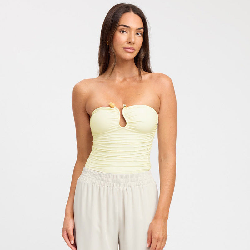 Slim Fit Backless Pleated T-Shirt for Women