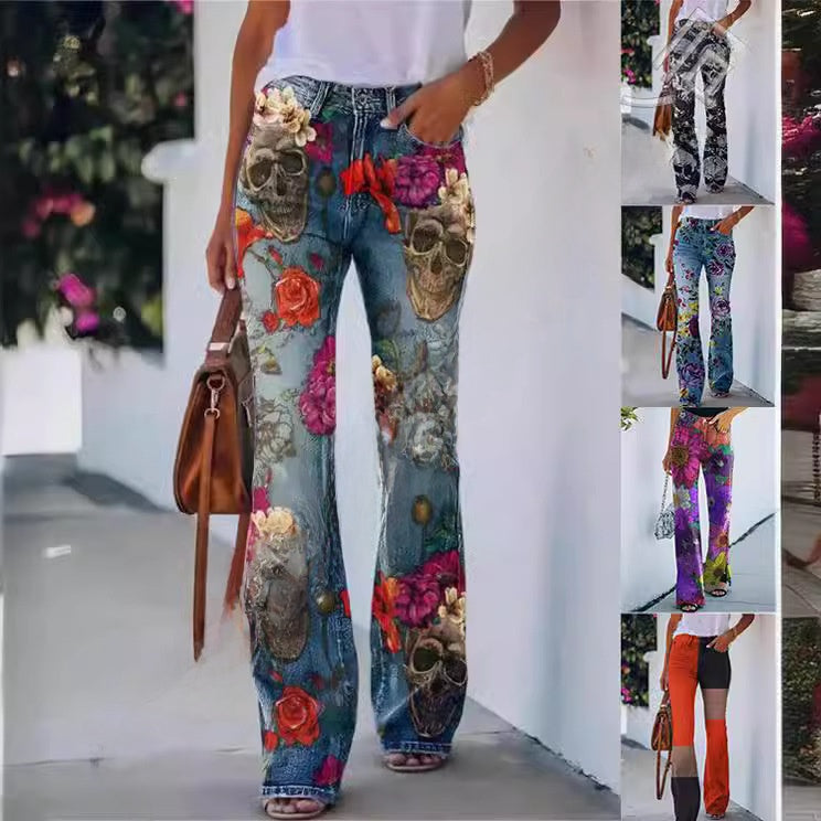 Women's Printed Casual Pants with Flared Design