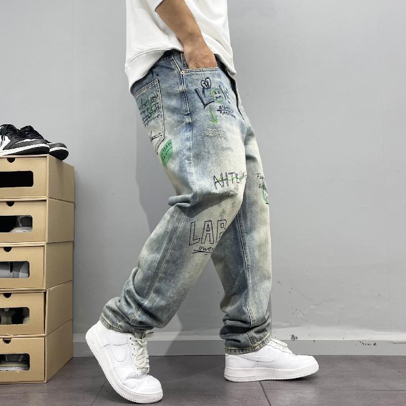 Streetwear style printed straight-leg jeans