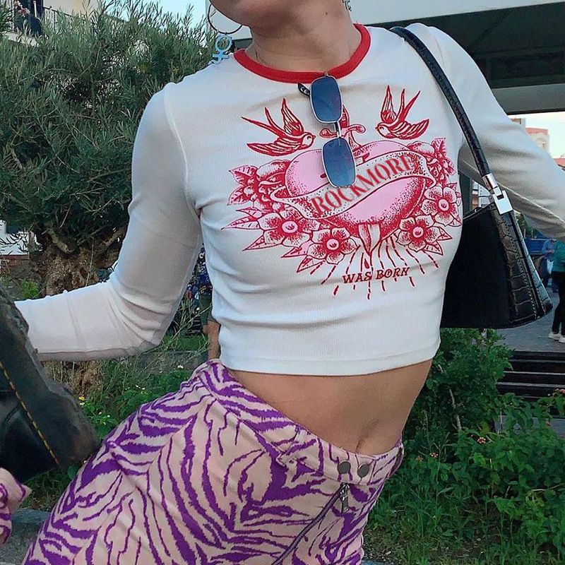 Letter Print Slim-fit Crop Top Long Sleeve T-shirt