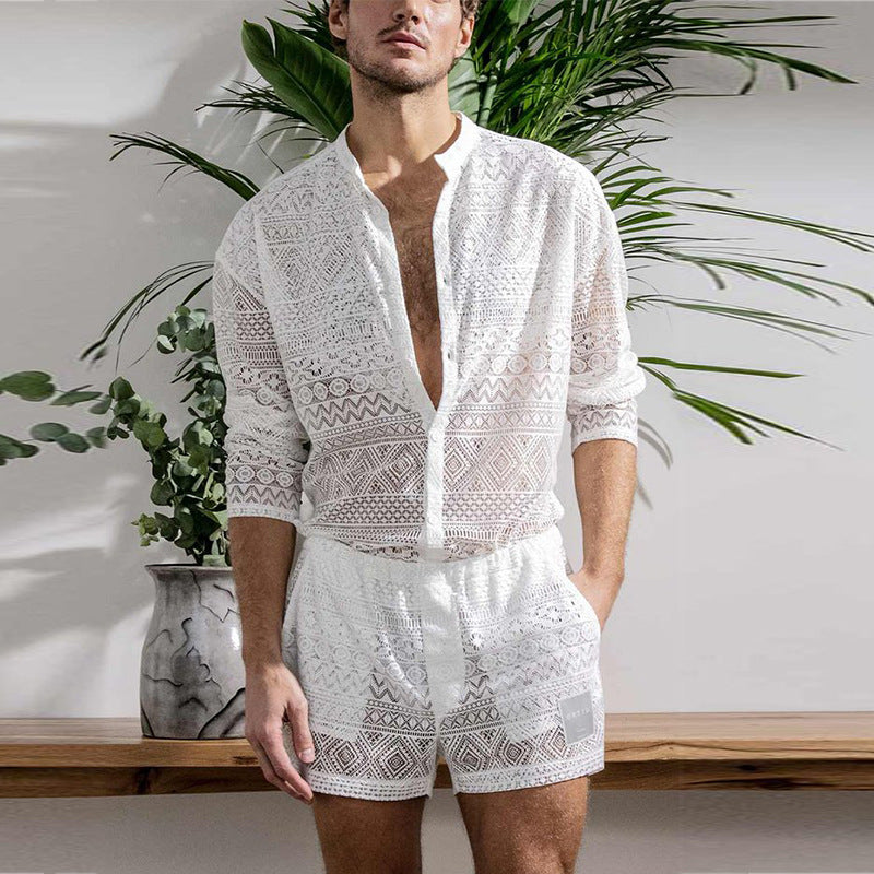 Men's Long-Sleeve Shirt and Casual Shorts Set