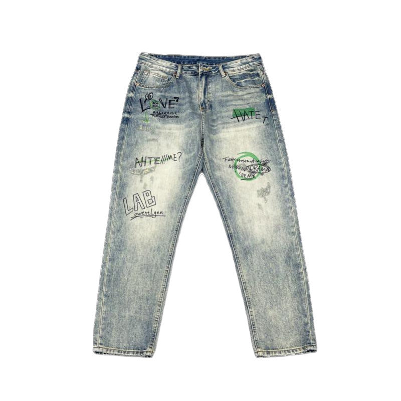 Streetwear style printed straight-leg jeans