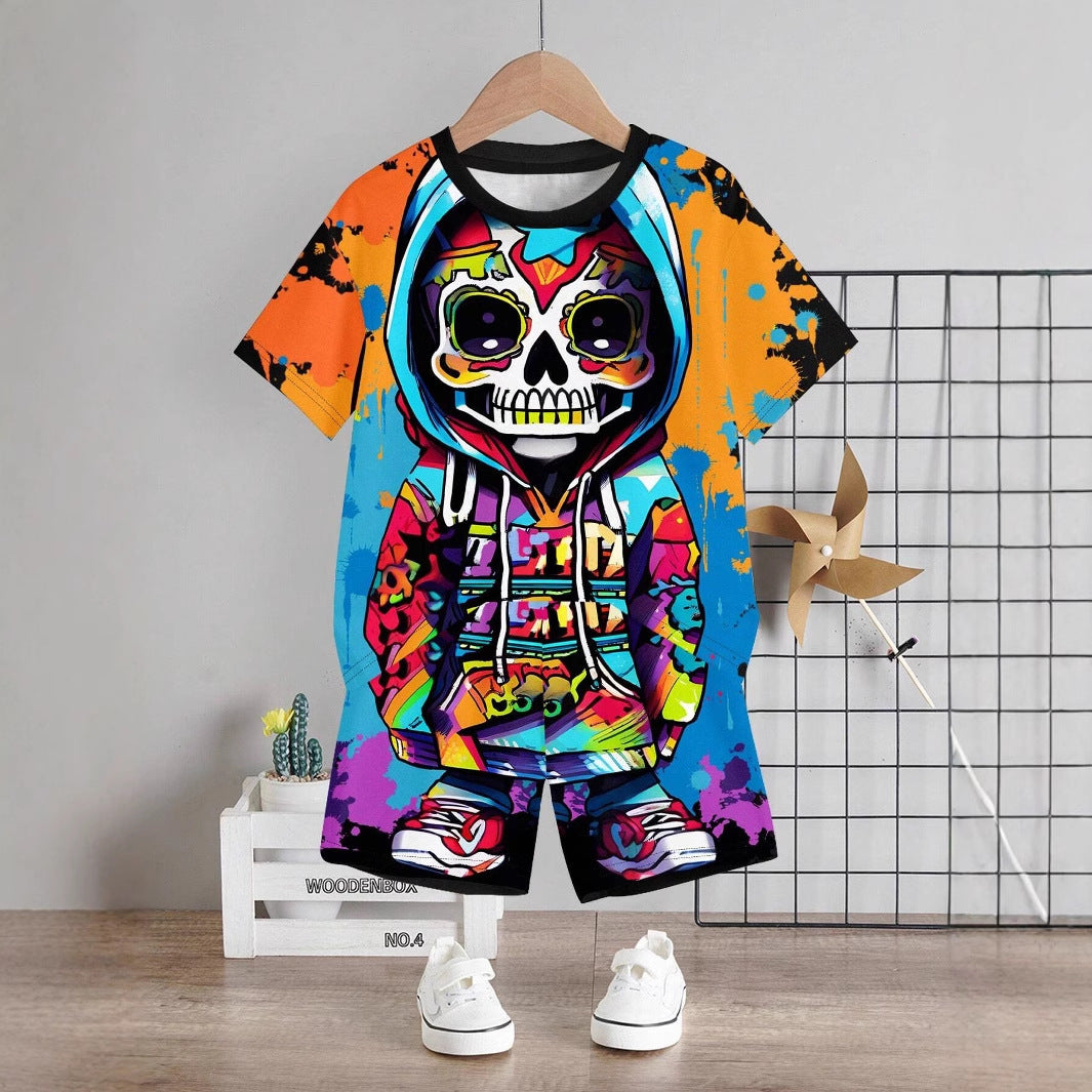 Boys Cartoon Skull Bear Short-sleeved T-shirt Shorts