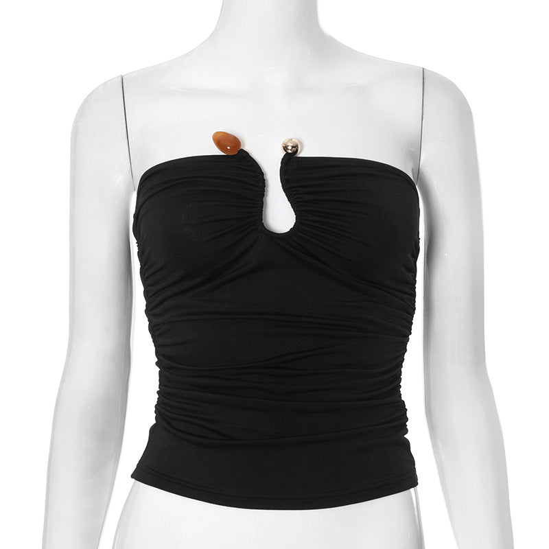 Slim Fit Backless Pleated T-Shirt for Women