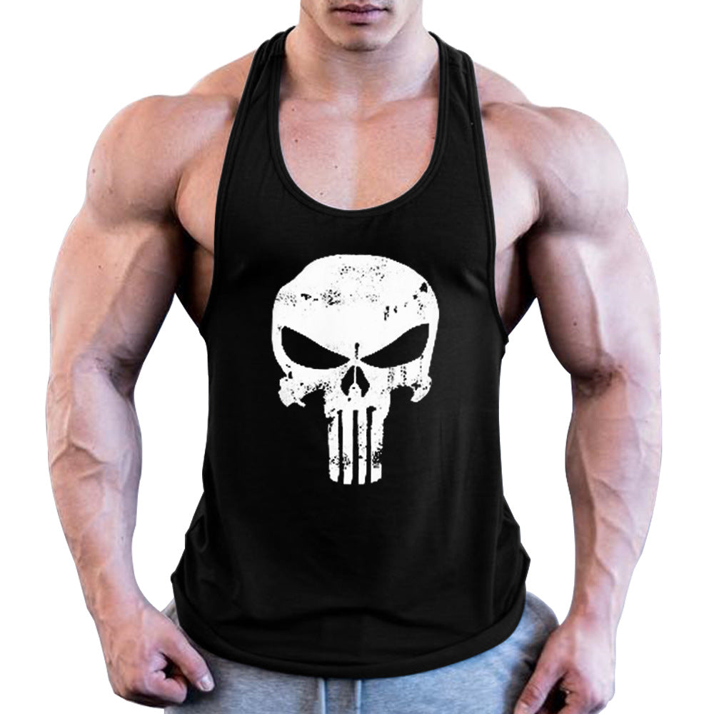 Men's Fitness Combed Cotton Skull Printed Wide Shoulder Tank Top
