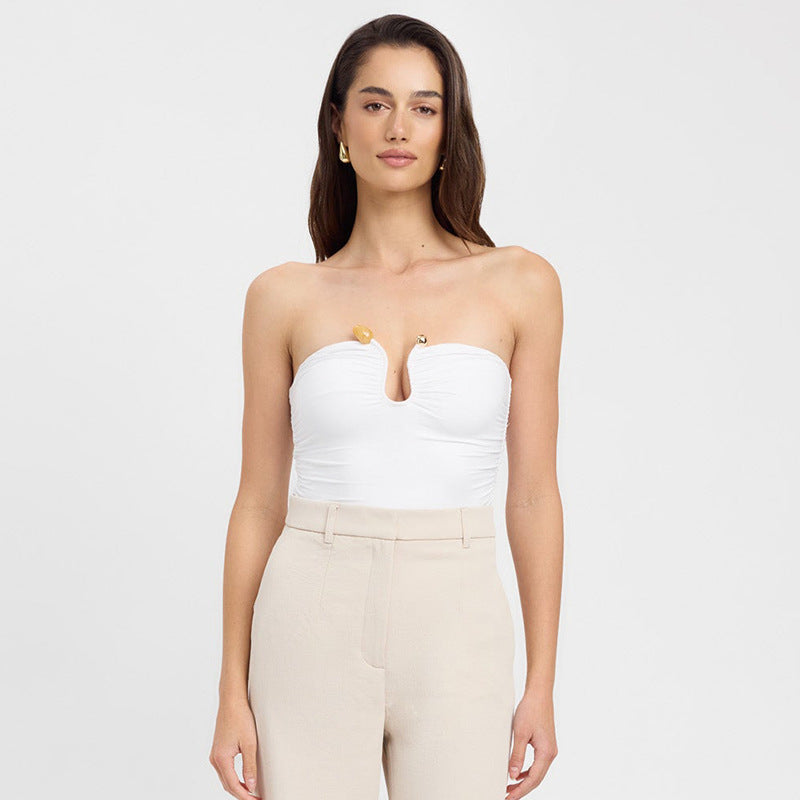 Slim Fit Backless Pleated T-Shirt for Women