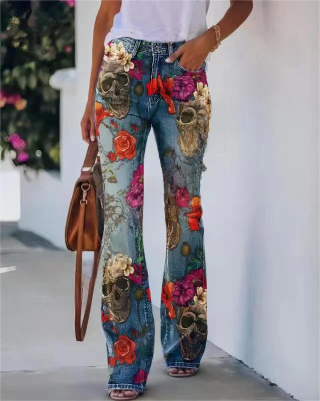 Women's Printed Casual Pants with Flared Design