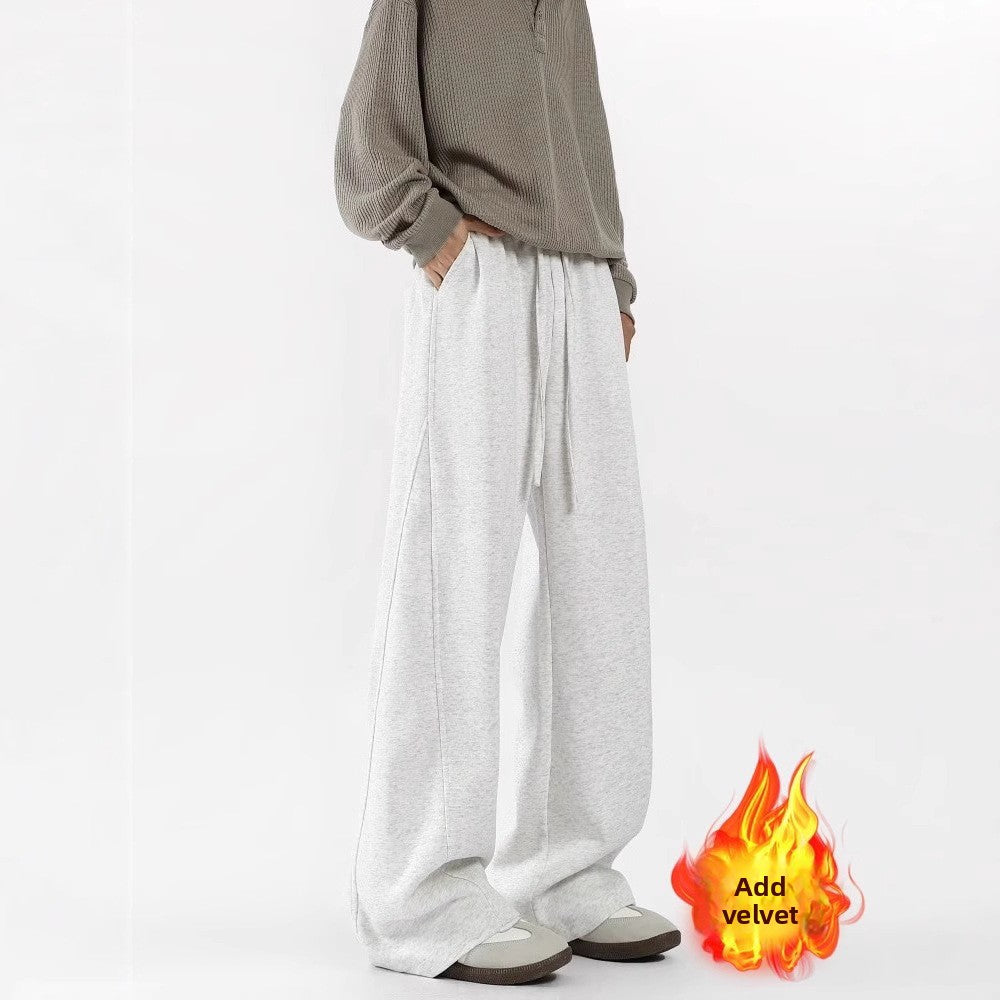Men's Fleece-Lined Casual Sweatpants Loose-Fit Wide-Leg Pants