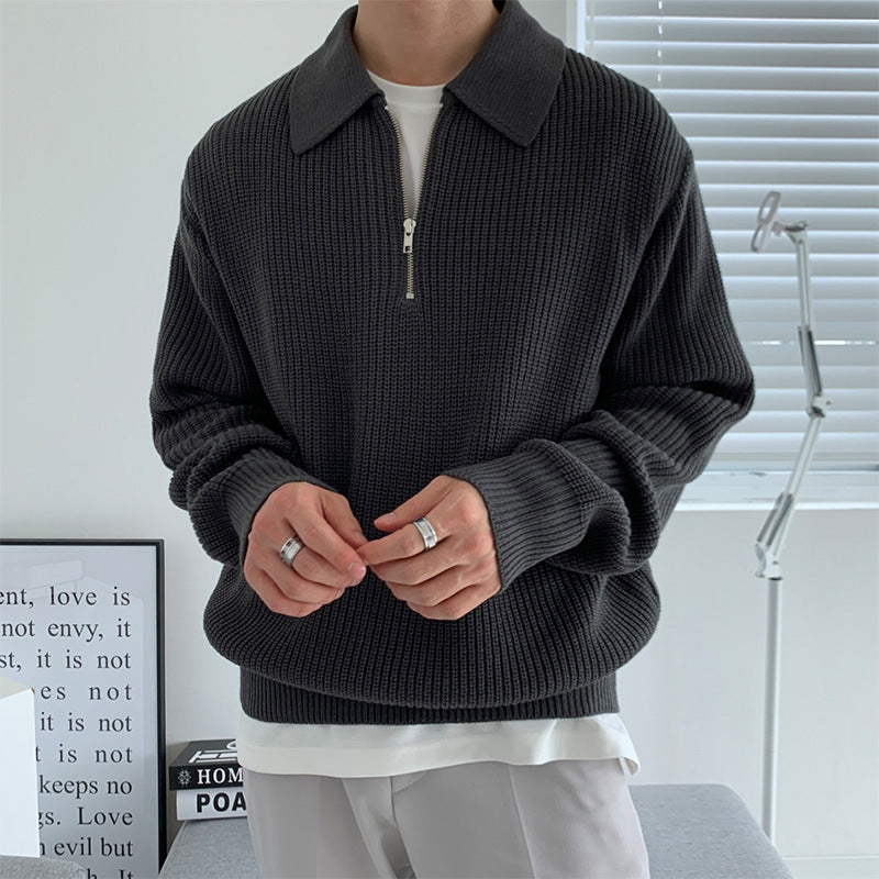 Half Zip Knit Sweater Men Retro Loose Fit Casual Pullover
