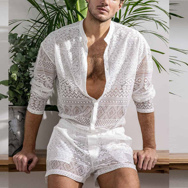 Men's Long-Sleeve Shirt and Casual Shorts Set