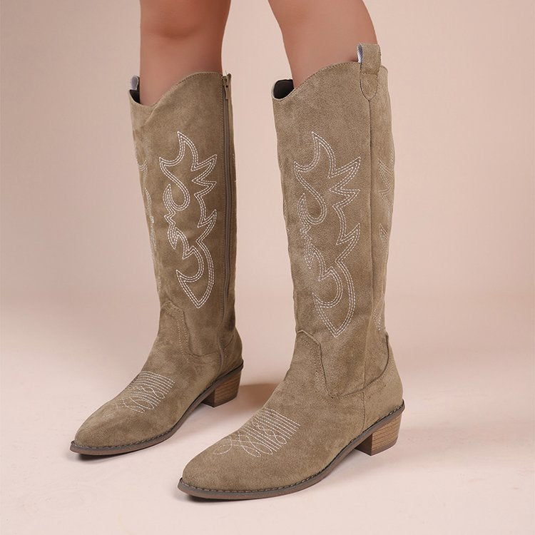 Retro Embroidered Women Boots Chunky Heel Fashion