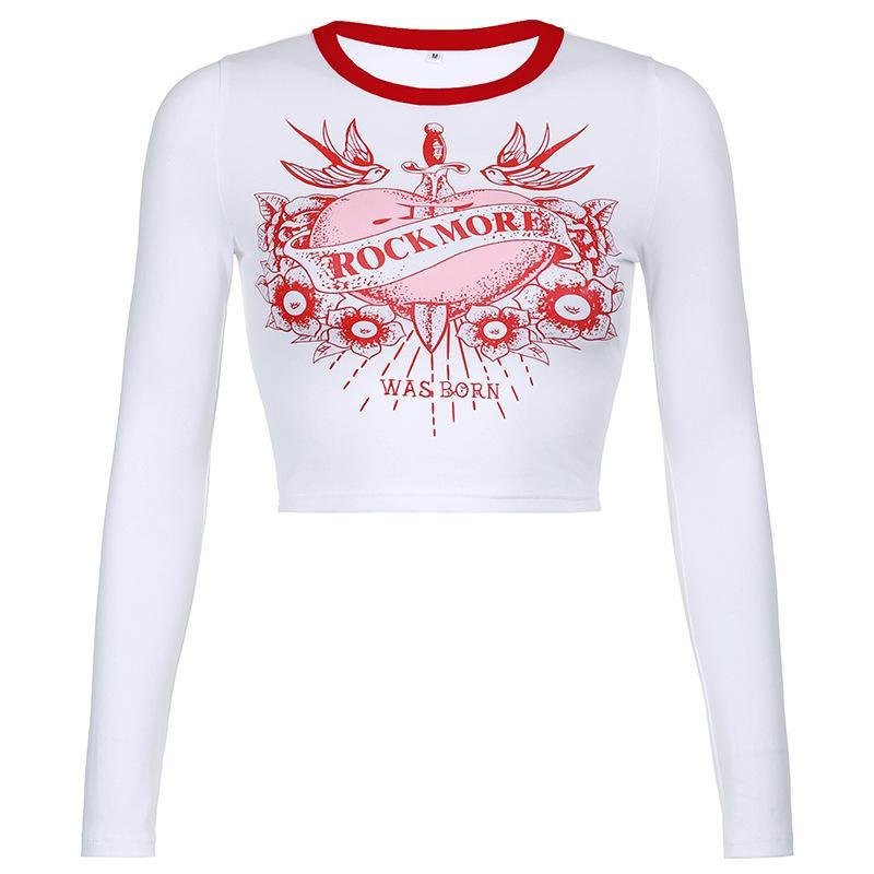 Letter Print Slim-fit Crop Top Long Sleeve T-shirt