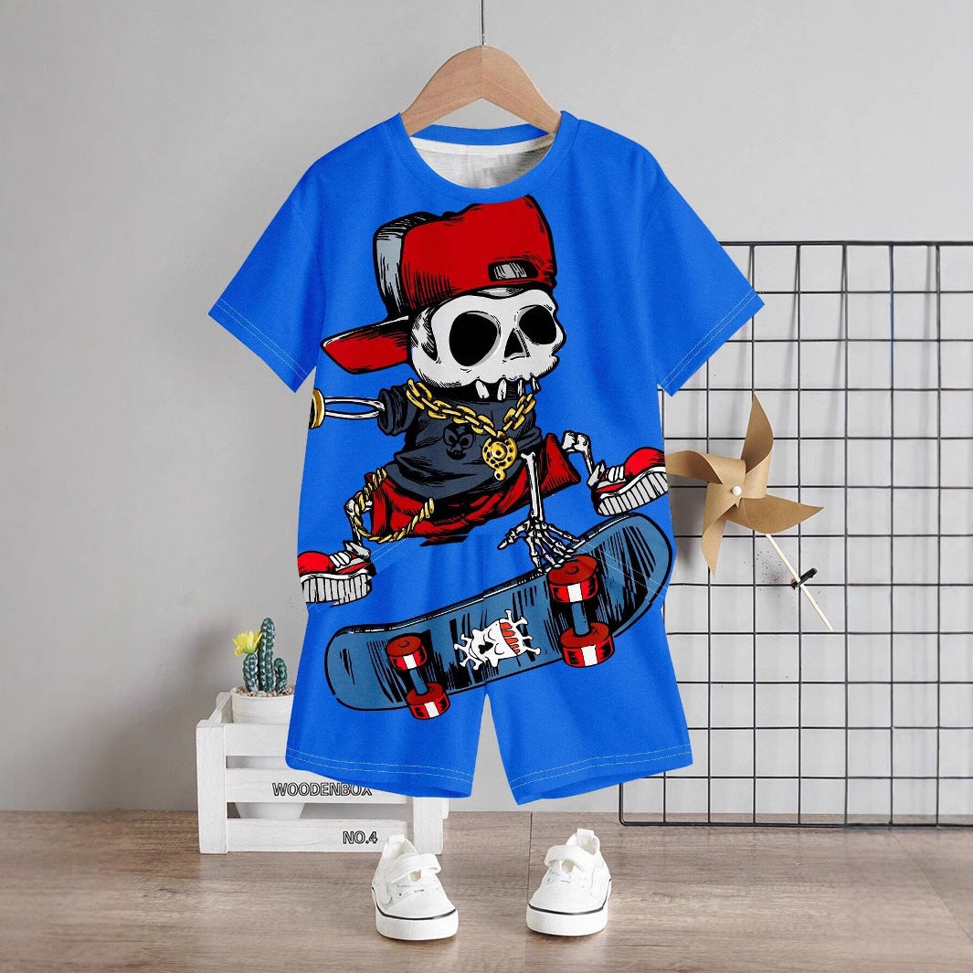 Boys Cartoon Skull Bear Short-sleeved T-shirt Shorts