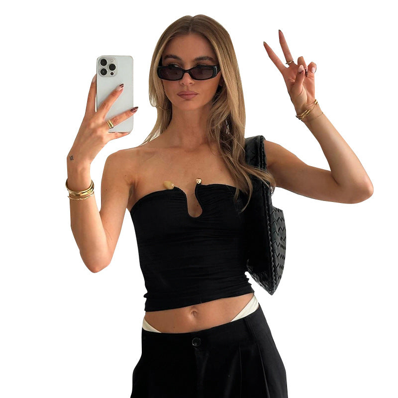 Slim Fit Backless Pleated T-Shirt for Women