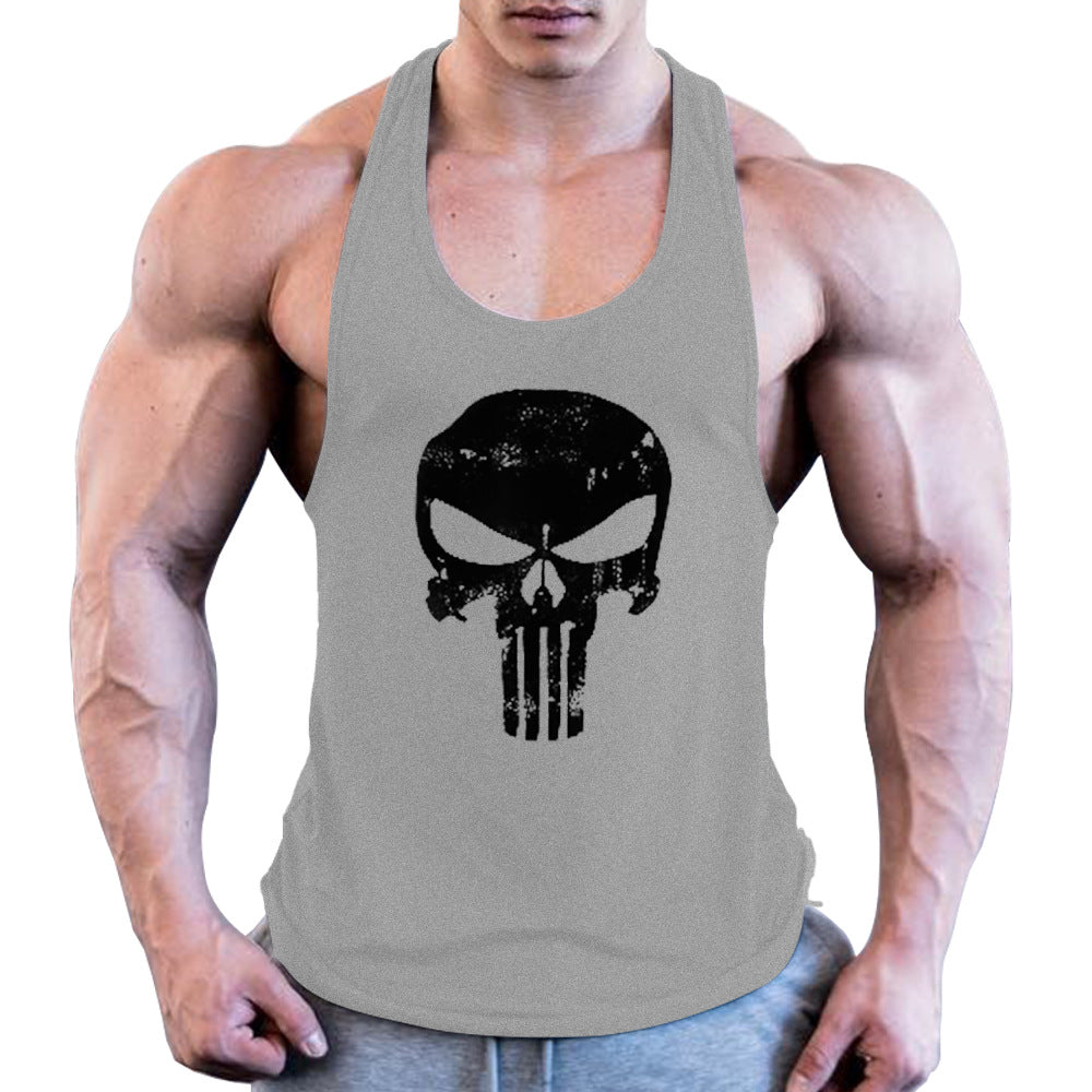 Men's Fitness Combed Cotton Skull Printed Wide Shoulder Tank Top