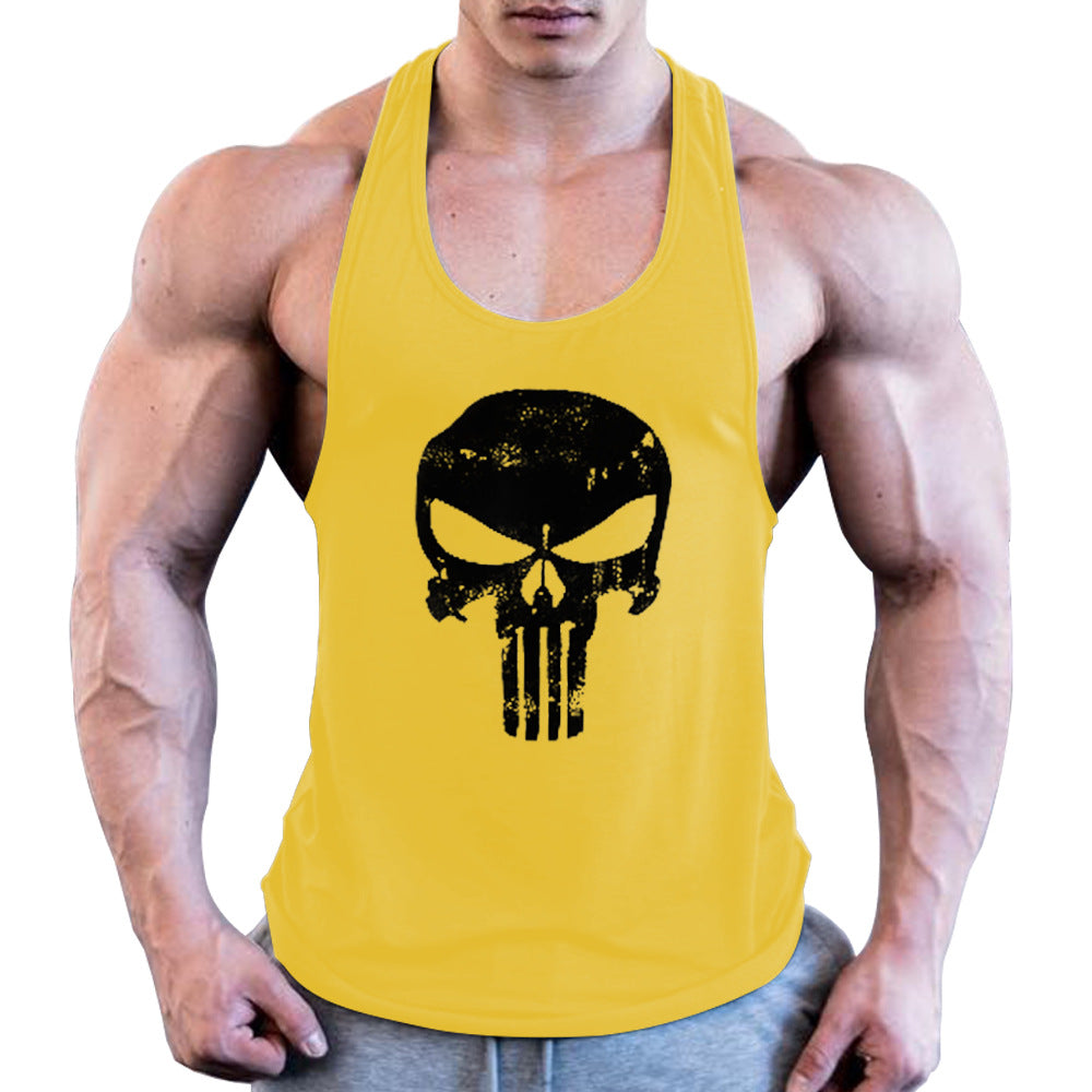 Men's Fitness Combed Cotton Skull Printed Wide Shoulder Tank Top