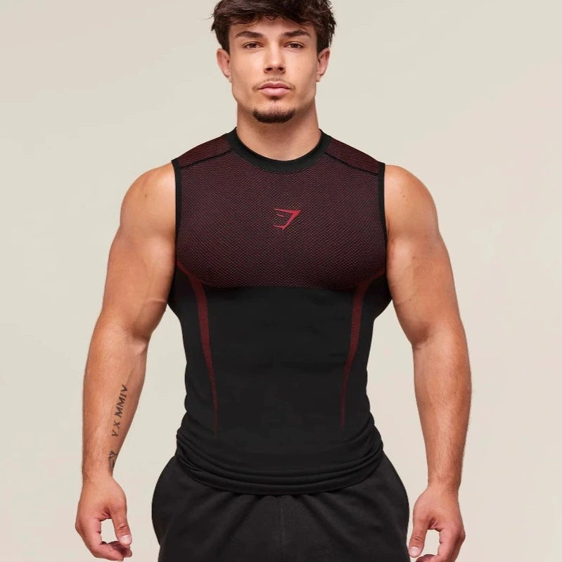 Man wearing a black and red athletic sleeveless shirt with a logo on a beige background