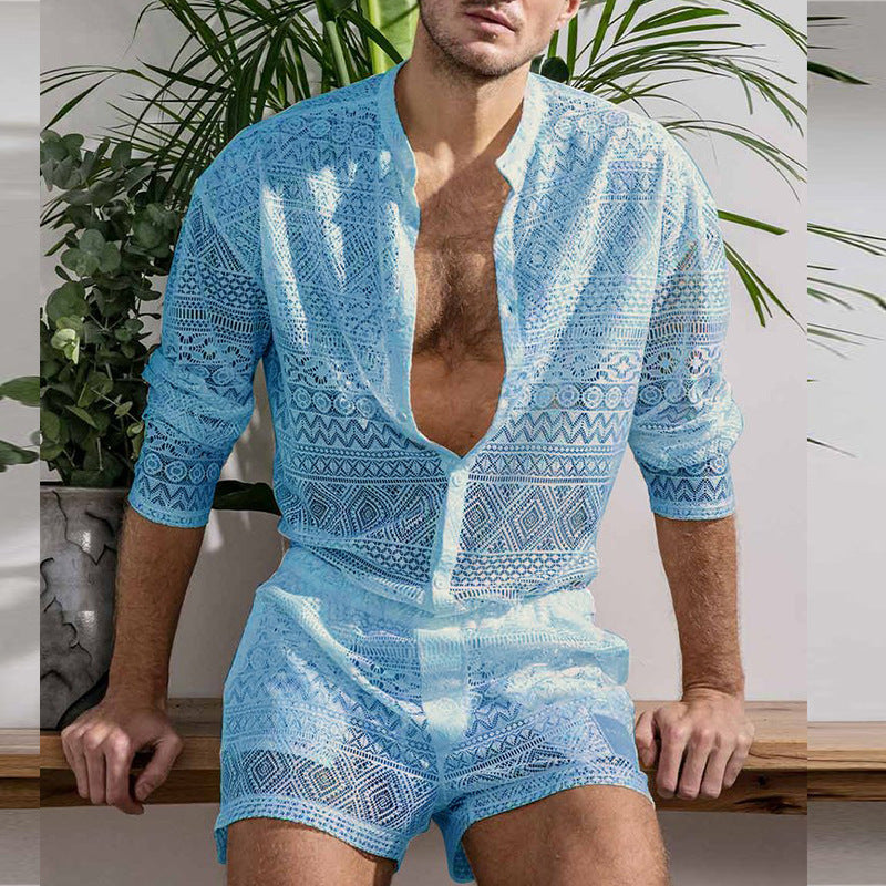 Men's Long-Sleeve Shirt and Casual Shorts Set