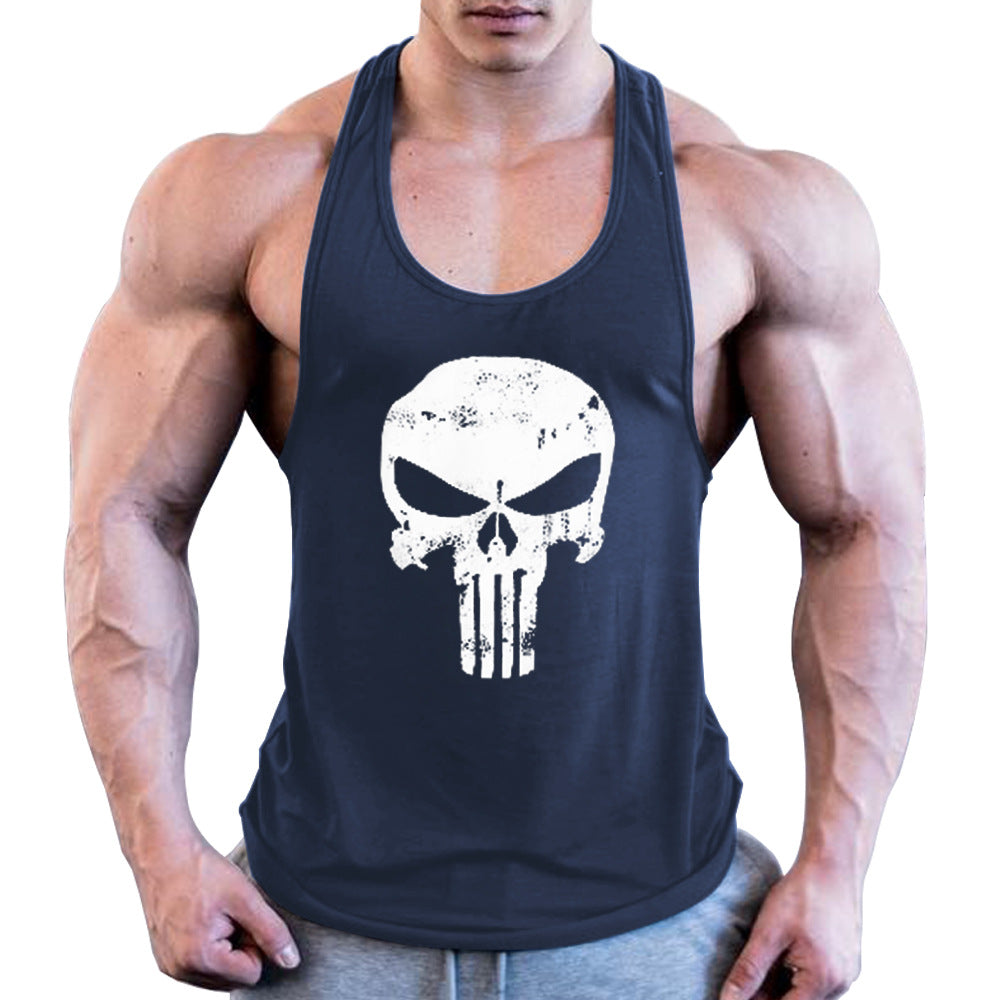 Men's Fitness Combed Cotton Skull Printed Wide Shoulder Tank Top