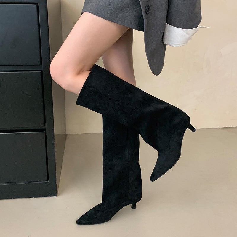 Minimalist Low Heel Pointed Toe Suede High Boots