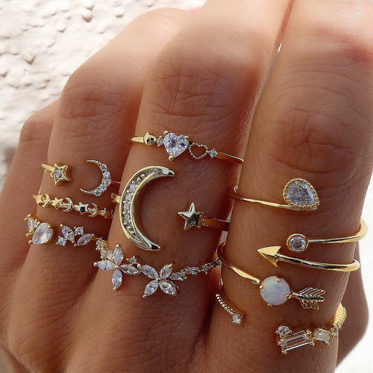Alloy Heart Butterfly Star Moon Rings Set for Women