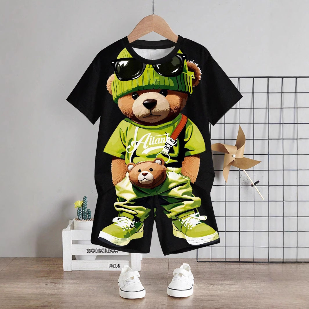 Boys Cartoon Skull Bear Short-sleeved T-shirt Shorts