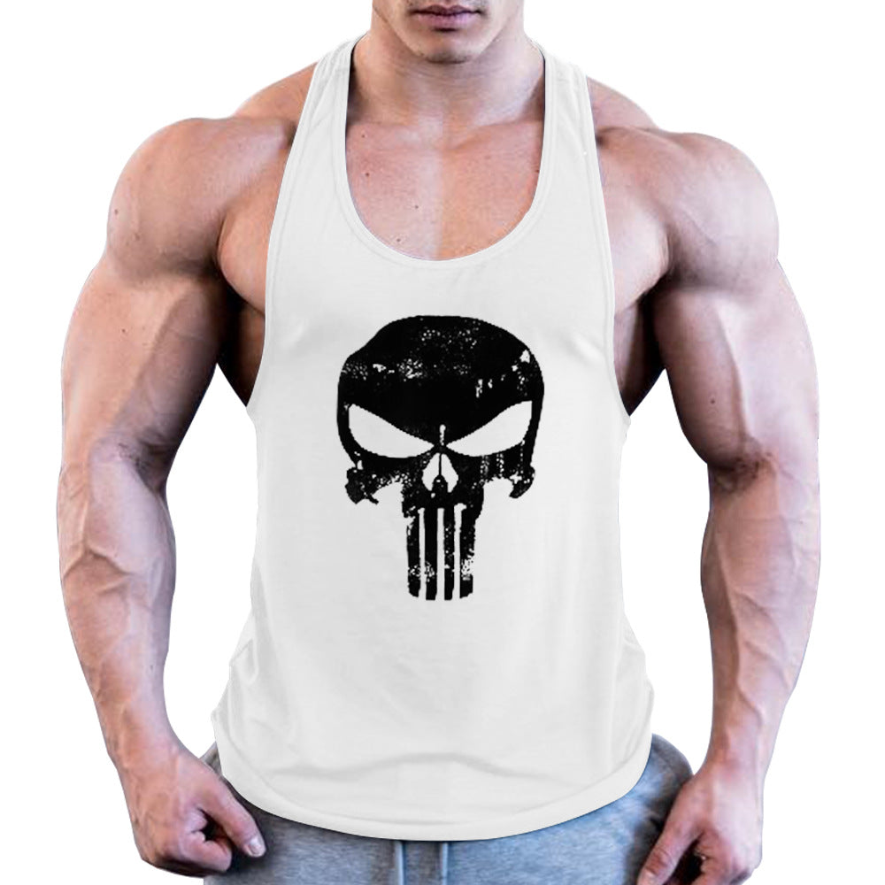 Men's Fitness Combed Cotton Skull Printed Wide Shoulder Tank Top