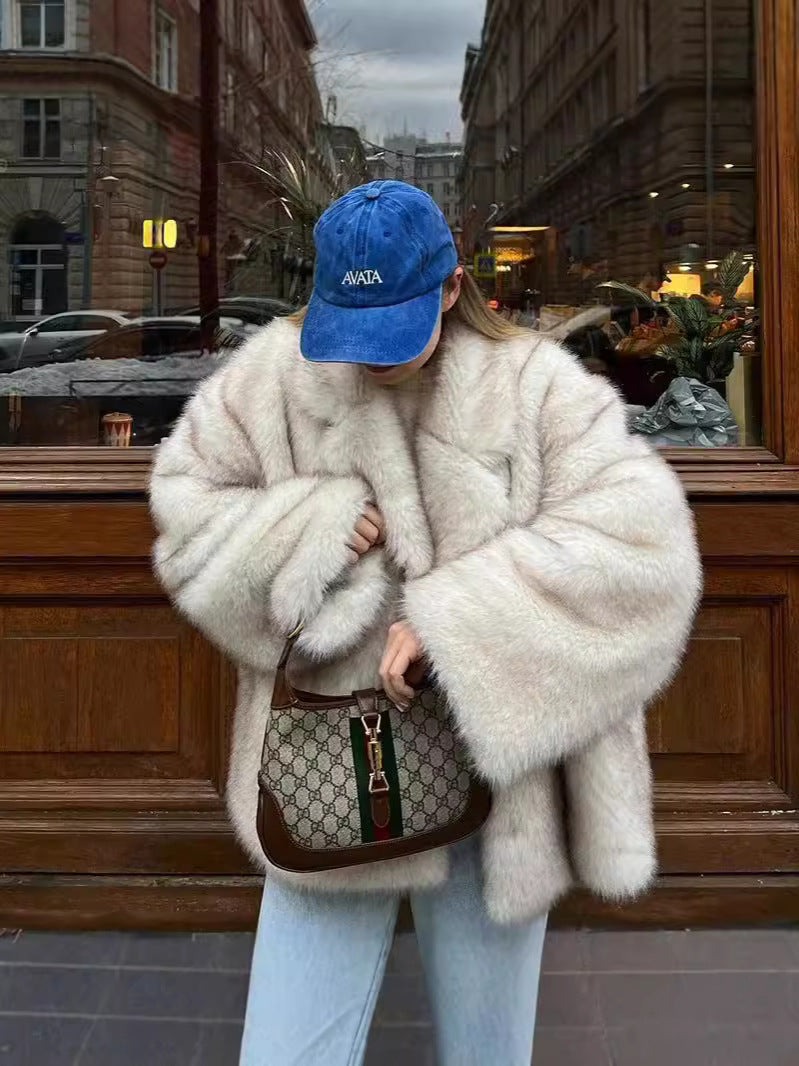 Women wearing thick fluffy fox fur coat