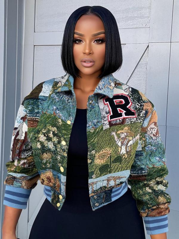 Women's Floral Print Collared Crop Varsity Jacket