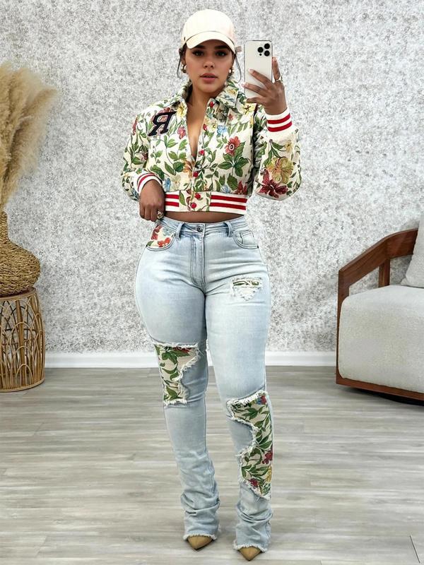 Women's Floral Print Collared Crop Varsity Jacket