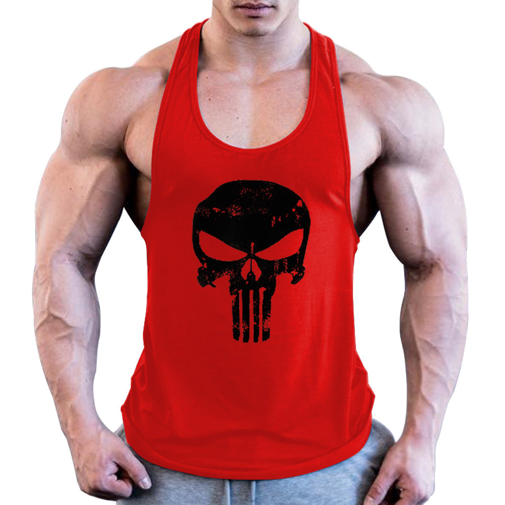 Men's Fitness Combed Cotton Skull Printed Wide Shoulder Tank Top