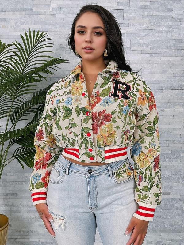 Women's Floral Print Collared Crop Varsity Jacket