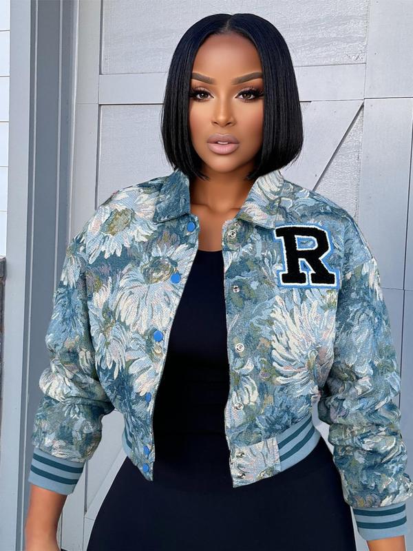 Women's Floral Print Collared Crop Varsity Jacket